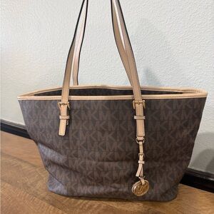 Michael Kors Brown Logo Tote with Beige Trim and Gold Charm